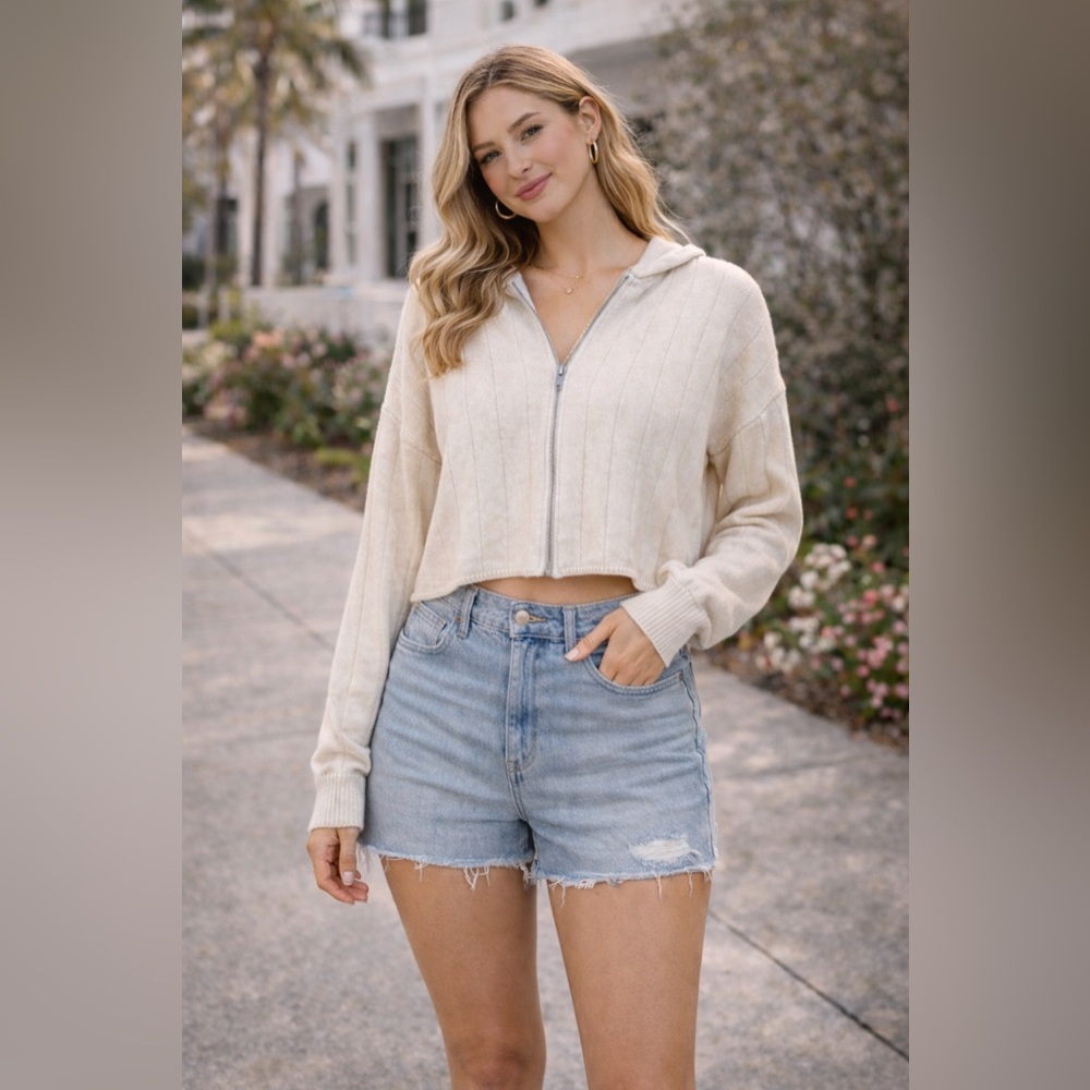 LA Hearts Cream Cropped Hooded Zip-Up Sweater